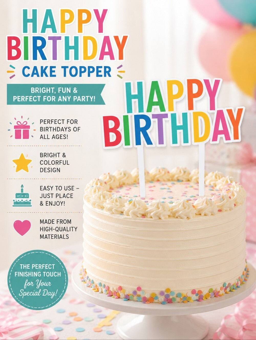 Multicolor "Happy Birthday" Cake Topper